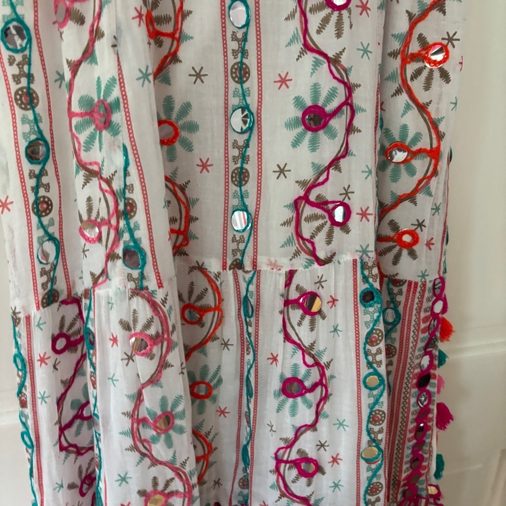 Juliet Dunn London Tribal Tassel Maxi Dress White Jade Embroidered Size 2 US 6/8 - Picture 5 of 16